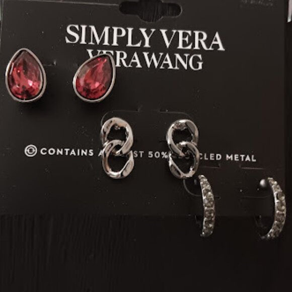 VERA WANG Goth 3pc SET Red Teardrop Crystal/Gunmetal Chain/Crystal Hoop Earrings - Picture 2 of 2